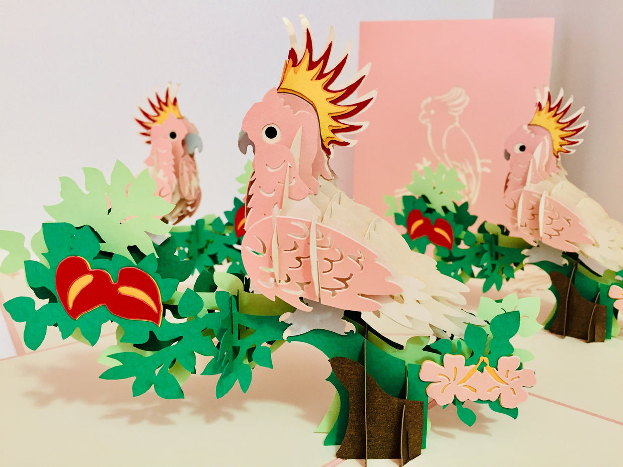 Metallic Pink Major Mitchell's Cockatoo Bird Origami Pop Cards 3D Pop Up Greeting Card Happy Birthday Thank You Handmade Gift Thinking of You Blank Card for Any Occasion Happy Mother's Day Happy Father's Australiana Birds