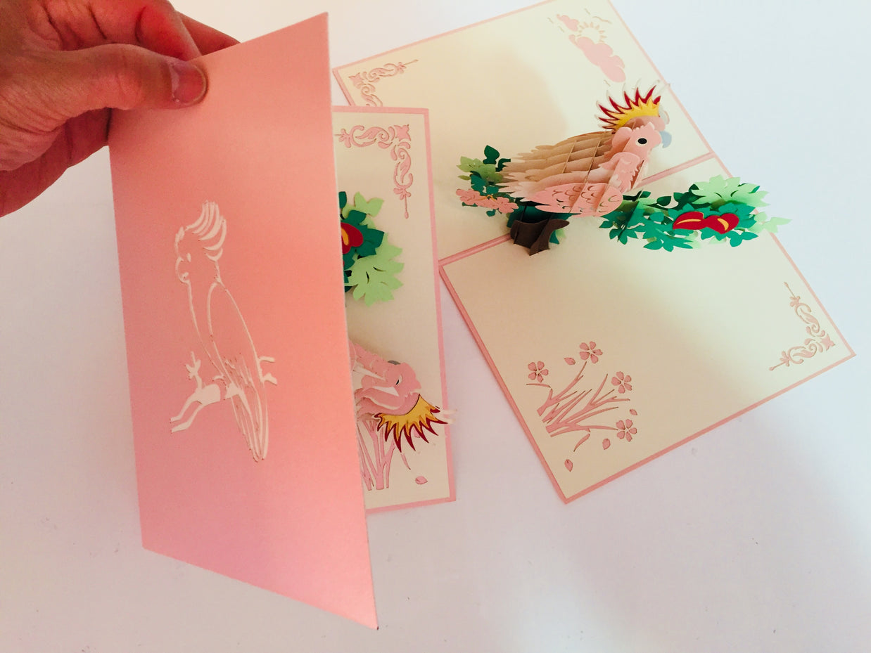 Metallic Pink Major Mitchell's Cockatoo Bird Origami Pop Cards 3D Pop Up Greeting Card Happy Birthday Thank You Handmade Gift Thinking of You Blank Card for Any Occasion Happy Mother's Day Happy Father's Australiana Birds