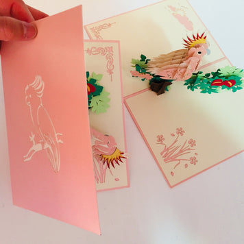 Metallic Pink Major Mitchell's Cockatoo Bird Origami Pop Cards 3D Pop Up Greeting Card Happy Birthday Thank You Handmade Gift Thinking of You Blank Card for Any Occasion Happy Mother's Day Happy Father's Australiana Birds