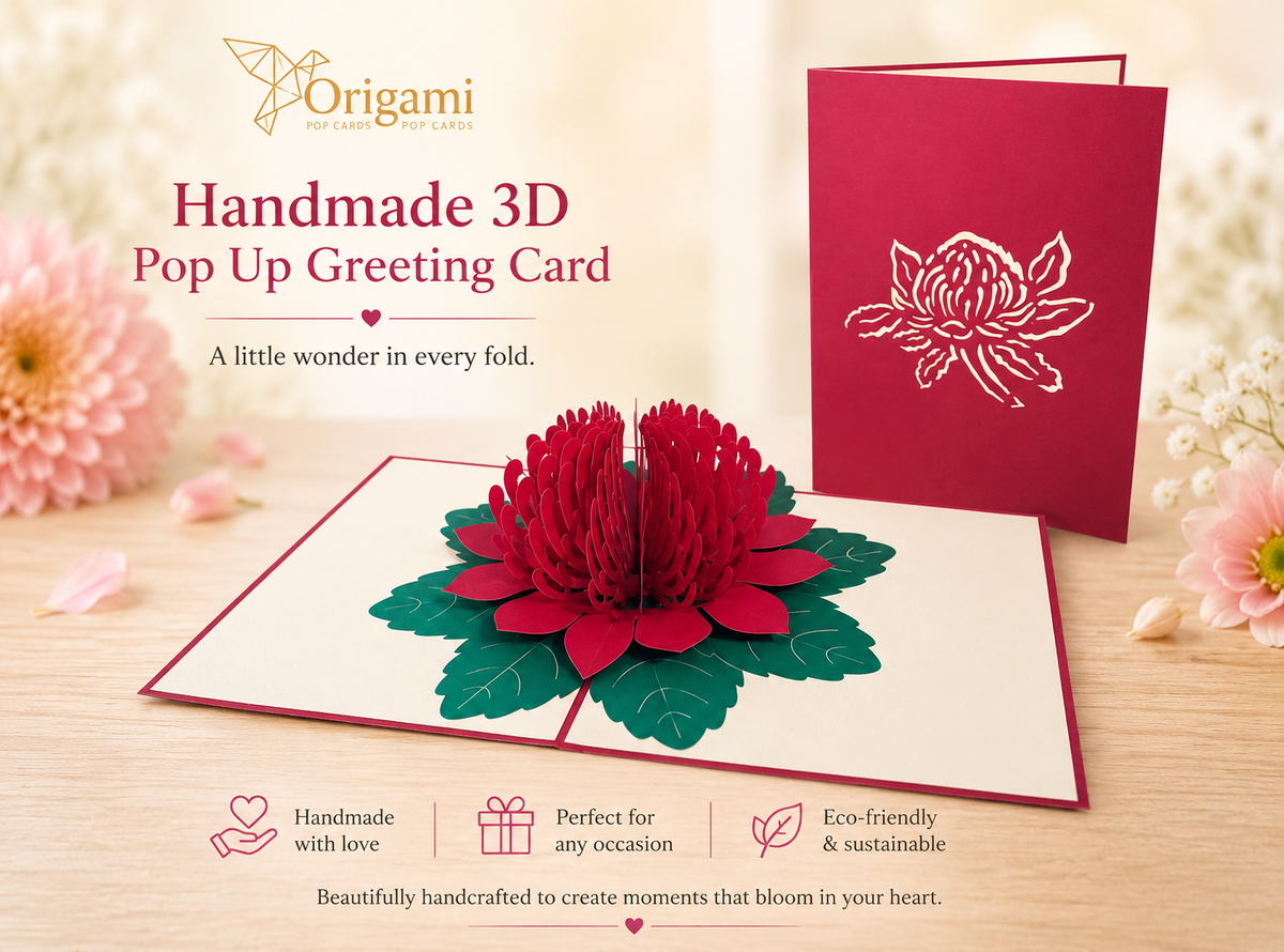 Metallic Red Waratah Australian Native Flower Origami Pop Cards 3D Pop Up Greeting Card Happy Birthday Thank You Handmade Gift Thinking of You Blank Card for Any Occasion Happy Mother's Day Happy Father's Australiana Celebrate and Romantic
