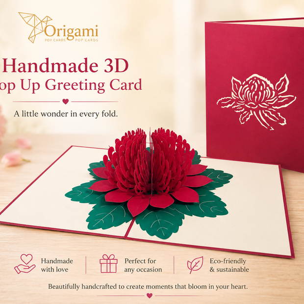 Metallic Red Waratah Australian Native Flower Origami Pop Cards 3D Pop Up Greeting Card Happy Birthday Thank You Handmade Gift Thinking of You Blank Card for Any Occasion Happy Mother's Day Happy Father's Australiana Celebrate and Romantic