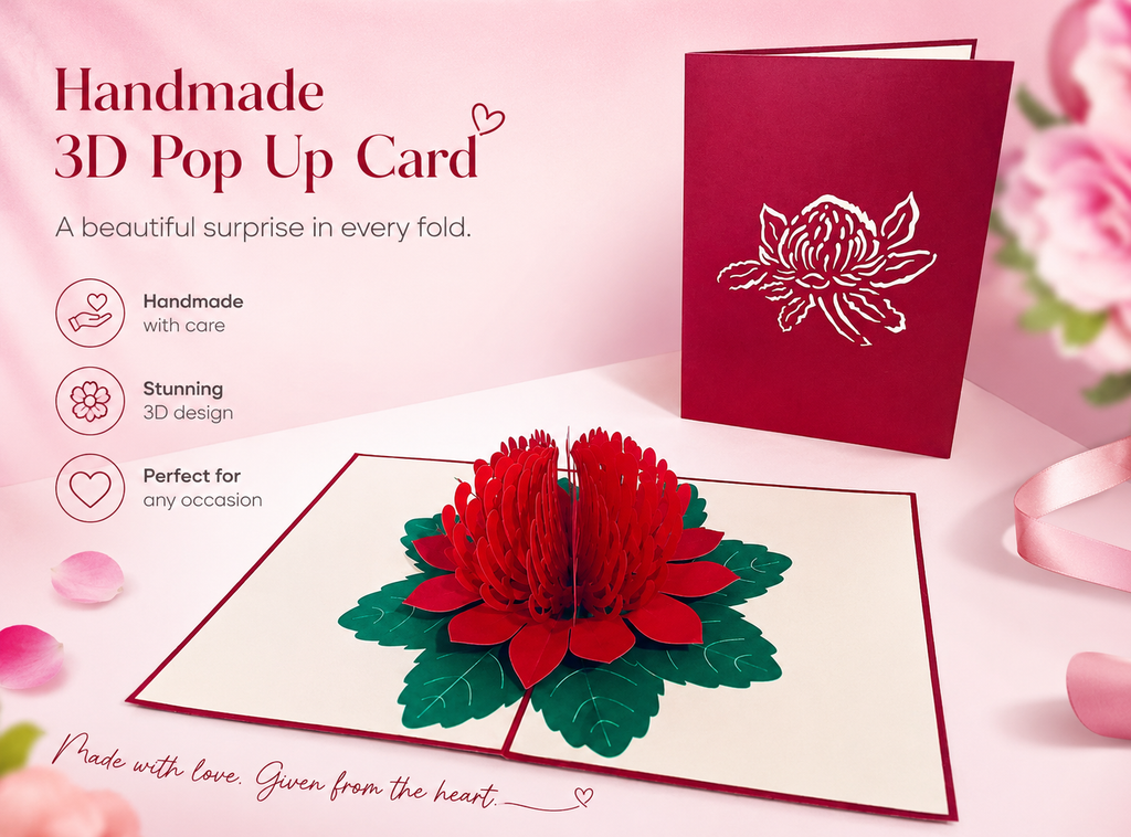 Metallic Red Waratah Australian Native Flower Origami Pop Cards 3D Pop Up Greeting Card Happy Birthday Thank You Handmade Gift Thinking of You Blank Card for Any Occasion Happy Mother's Day Australiana Celebrate the Beauty of Flower