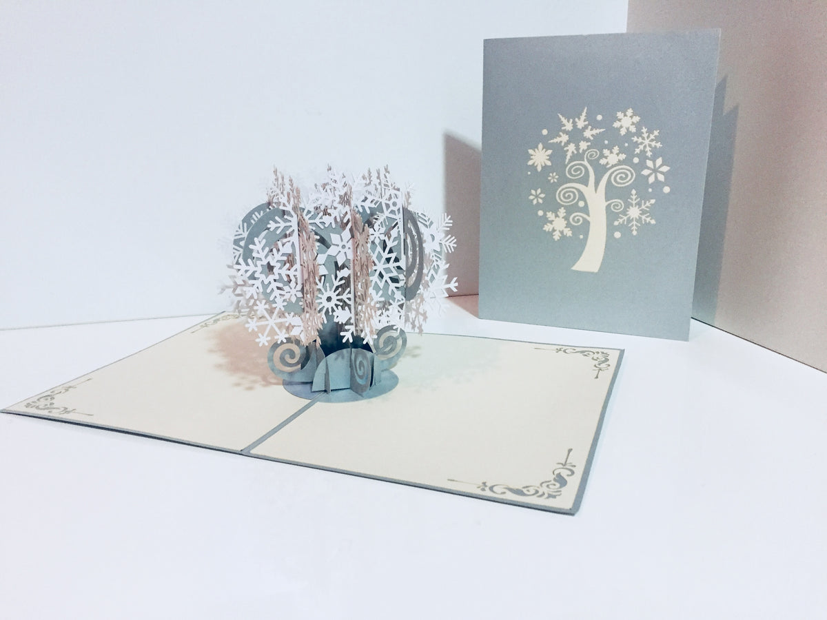 Metallic Stunning Snowflake Tree in White & Silver Grey Origami Pop Cards 3D Pop Up Greeting Card Merry Christmas Thank You Handmade Best Wishes Blank Card Gift Happy Holidays Celebrate the Special Day