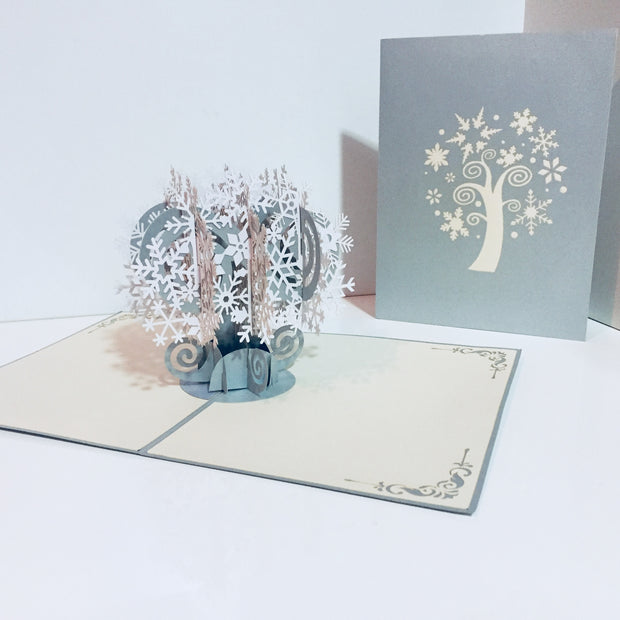 Metallic Stunning Snowflake Tree in White & Silver Grey Origami Pop Cards 3D Pop Up Greeting Card Merry Christmas Thank You Handmade Best Wishes Blank Card Gift Happy Holidays Celebrate the Special Day