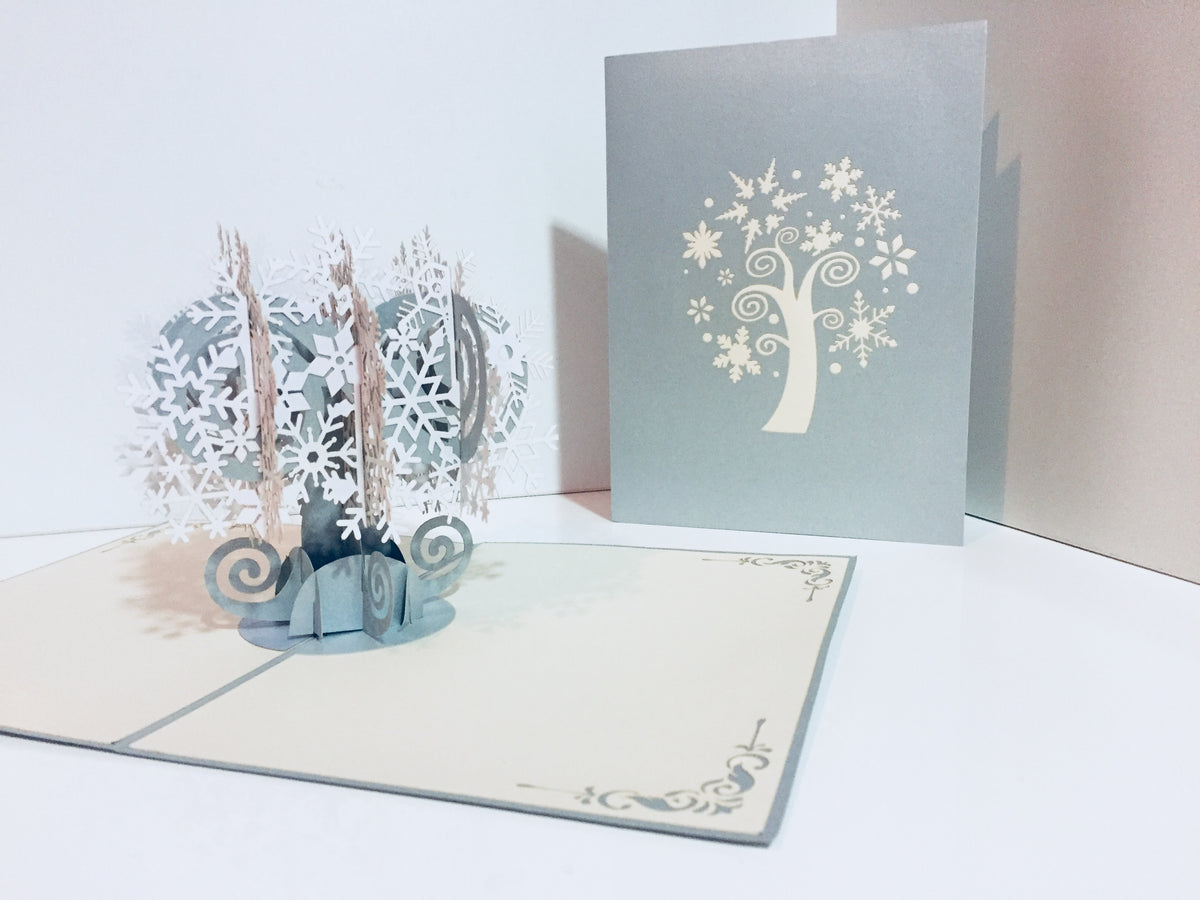 Metallic Stunning Snowflake Tree in White & Silver Grey Origami Pop Cards 3D Pop Up Greeting Card Merry Christmas Thank You Handmade Best Wishes Blank Card Gift Happy Holidays Celebrate the Special Day