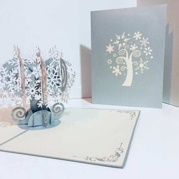 Metallic Stunning Snowflake Tree in White & Silver Grey Origami Pop Cards 3D Pop Up Greeting Card Merry Christmas Thank You Handmade Best Wishes Blank Card Gift Happy Holidays Celebrate the Special Day