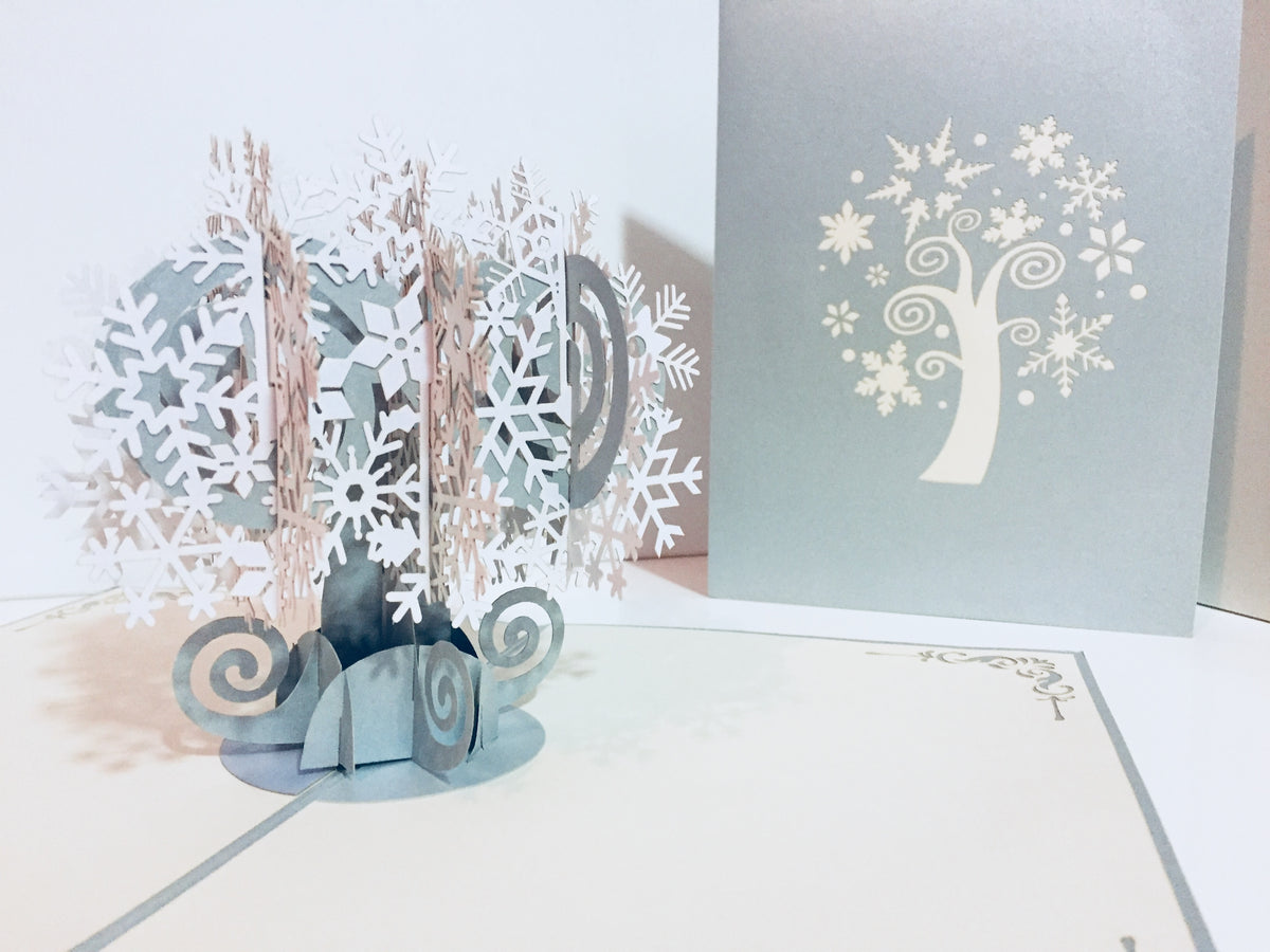 Metallic Stunning Snowflake Tree in White & Silver Grey Origami Pop Cards 3D Pop Up Greeting Card Merry Christmas Thank You Handmade Best Wishes Blank Card Gift Happy Holidays Celebrate the Special Day