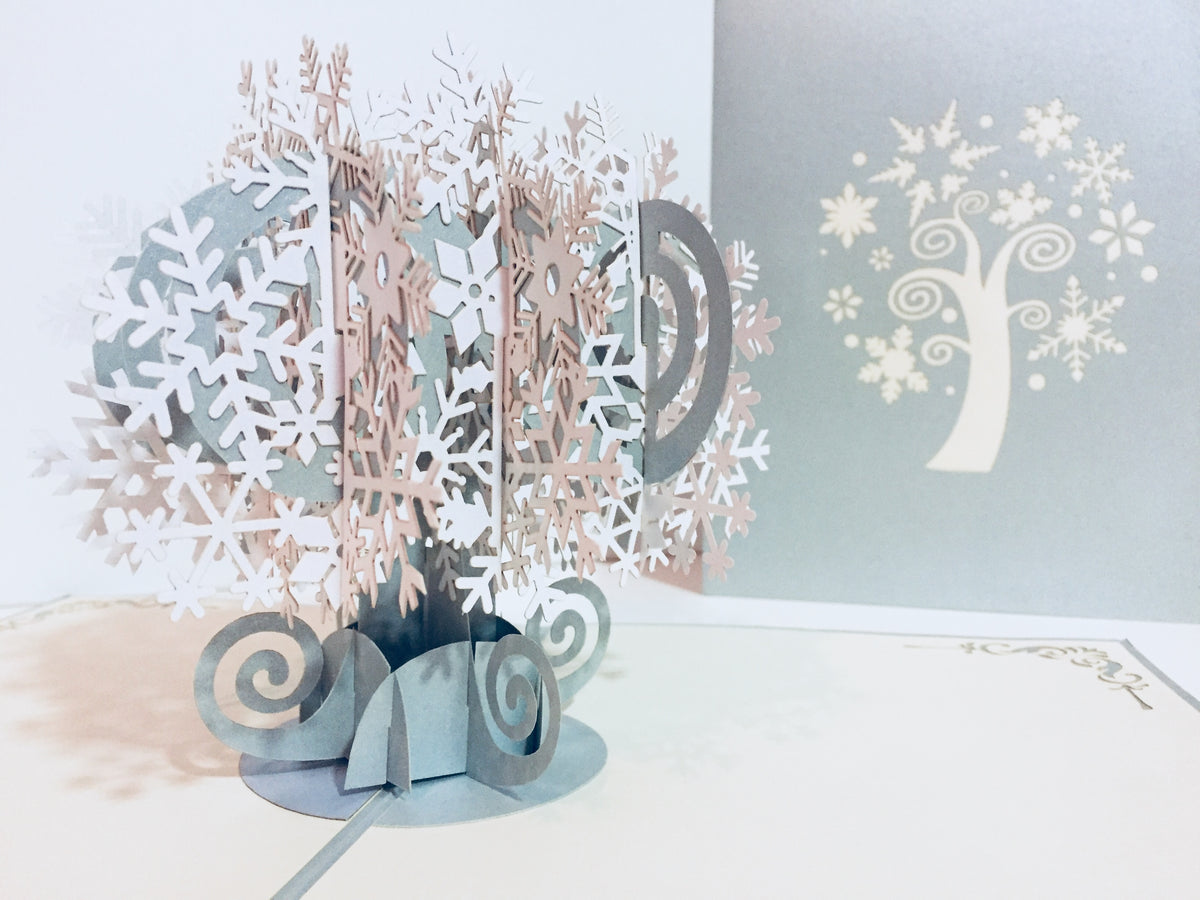 Metallic Stunning Snowflake Tree in White & Silver Grey Origami Pop Cards 3D Pop Up Greeting Card Merry Christmas Thank You Handmade Best Wishes Blank Card Gift Happy Holidays Celebrate the Special Day