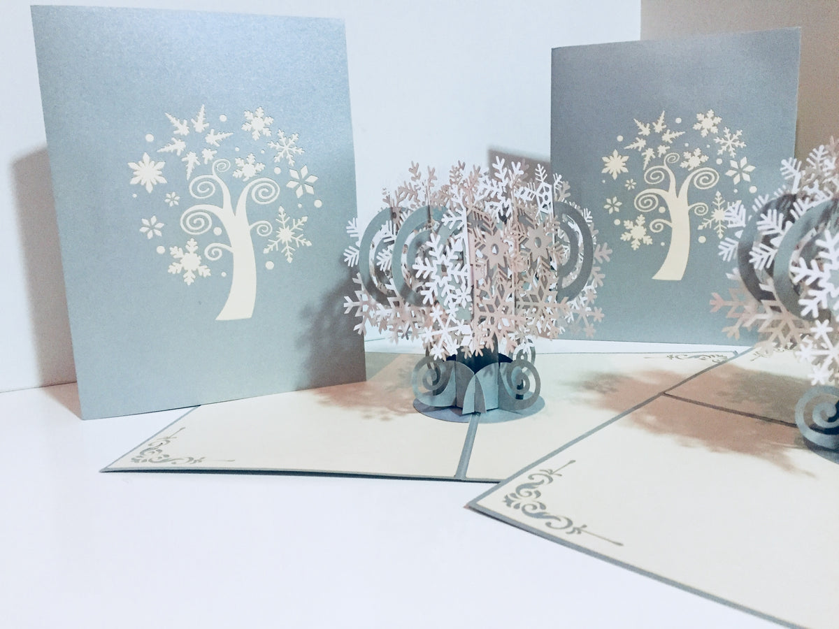Metallic Stunning Snowflake Tree in White & Silver Grey Origami Pop Cards 3D Pop Up Greeting Card Merry Christmas Thank You Handmade Best Wishes Blank Card Gift Happy Holidays Celebrate the Special Day