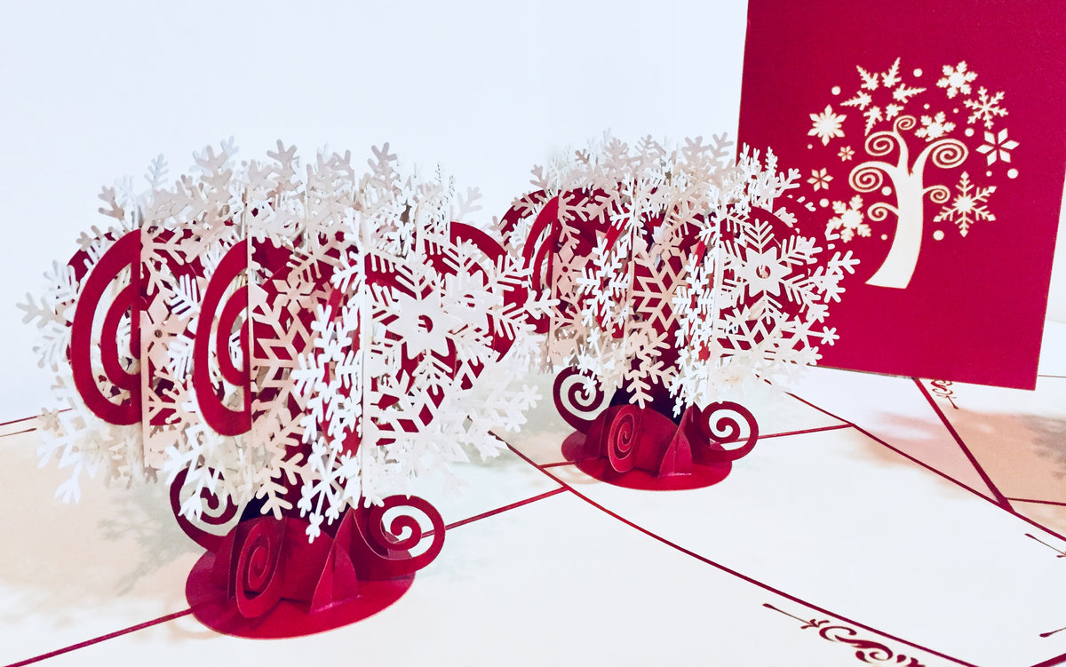 Metallic Stunning Snowflake in White & Dark Red Cherry Origami Pop Cards 3D Pop Up Greeting Card Merry Christmas Thank You Handmade Best Wishes Blank Card Gift Happy Holidays Celebrate the Special Day