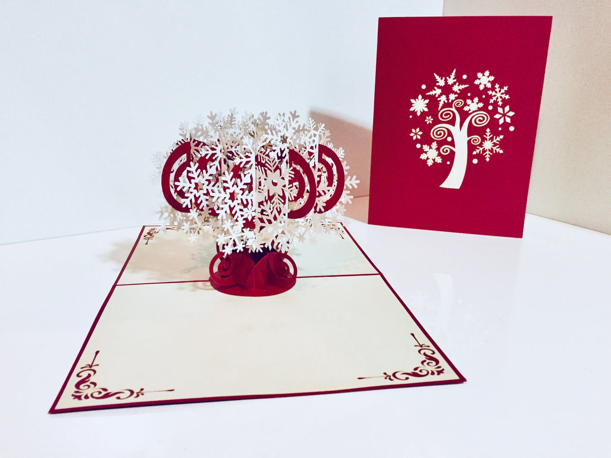 Metallic Stunning Snowflake in White & Dark Red Cherry Origami Pop Cards 3D Pop Up Greeting Card Merry Christmas Thank You Handmade Best Wishes Blank Card Gift Happy Holidays Celebrate the Special Day