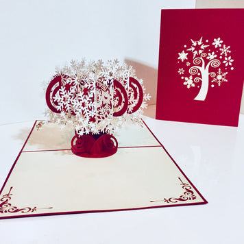 Metallic Stunning Snowflake in White & Dark Red Cherry Origami Pop Cards 3D Pop Up Greeting Card Merry Christmas Thank You Handmade Best Wishes Blank Card Gift Happy Holidays Celebrate the Special Day