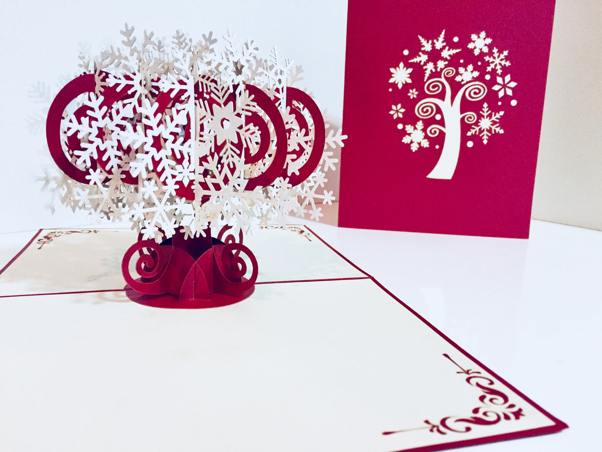 Metallic Stunning Snowflake in White & Dark Red Cherry Origami Pop Cards 3D Pop Up Greeting Card Merry Christmas Thank You Handmade Best Wishes Blank Card Gift Happy Holidays Celebrate the Special Day