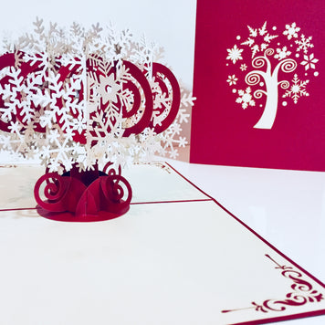 Metallic Stunning Snowflake in White & Dark Red Cherry Origami Pop Cards 3D Pop Up Greeting Card Merry Christmas Thank You Handmade Best Wishes Blank Card Gift Happy Holidays Celebrate the Special Day