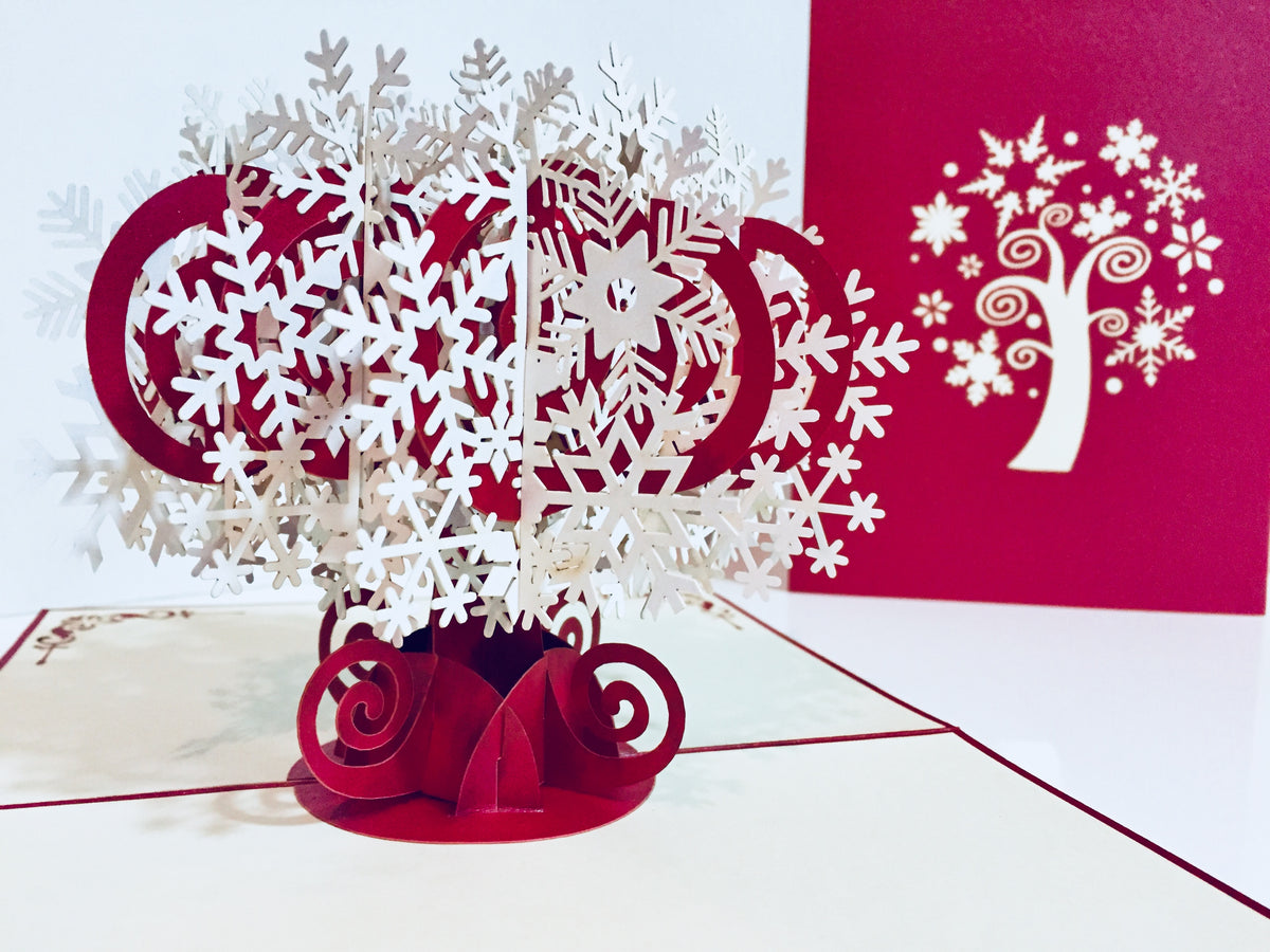 Metallic Stunning Snowflake in White & Dark Red Cherry Origami Pop Cards 3D Pop Up Greeting Card Merry Christmas Thank You Handmade Best Wishes Blank Card Gift Happy Holidays Celebrate the Special Day