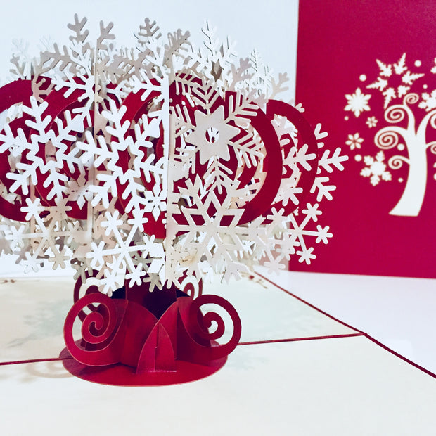 Metallic Stunning Snowflake in White & Dark Red Cherry Origami Pop Cards 3D Pop Up Greeting Card Merry Christmas Thank You Handmade Best Wishes Blank Card Gift Happy Holidays Celebrate the Special Day