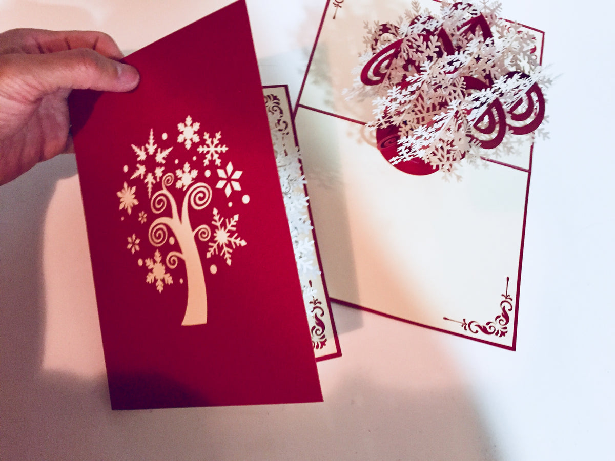 Metallic Stunning Snowflake in White & Dark Red Cherry Origami Pop Cards 3D Pop Up Greeting Card Merry Christmas Thank You Handmade Best Wishes Blank Card Gift Happy Holidays Celebrate the Special Day