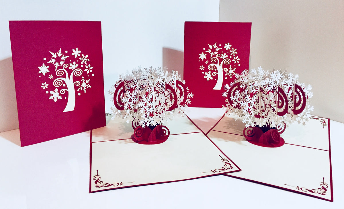 Metallic Stunning Snowflake in White & Dark Red Cherry Origami Pop Cards 3D Pop Up Greeting Card Merry Christmas Thank You Handmade Best Wishes Blank Card Gift Happy Holidays Celebrate the Special Day
