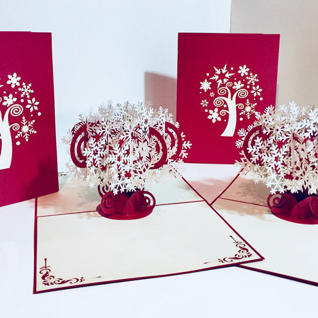 Metallic Stunning Snowflake in White & Dark Red Cherry Origami Pop Cards 3D Pop Up Greeting Card Merry Christmas Thank You Handmade Best Wishes Blank Card Gift Happy Holidays Celebrate the Special Day