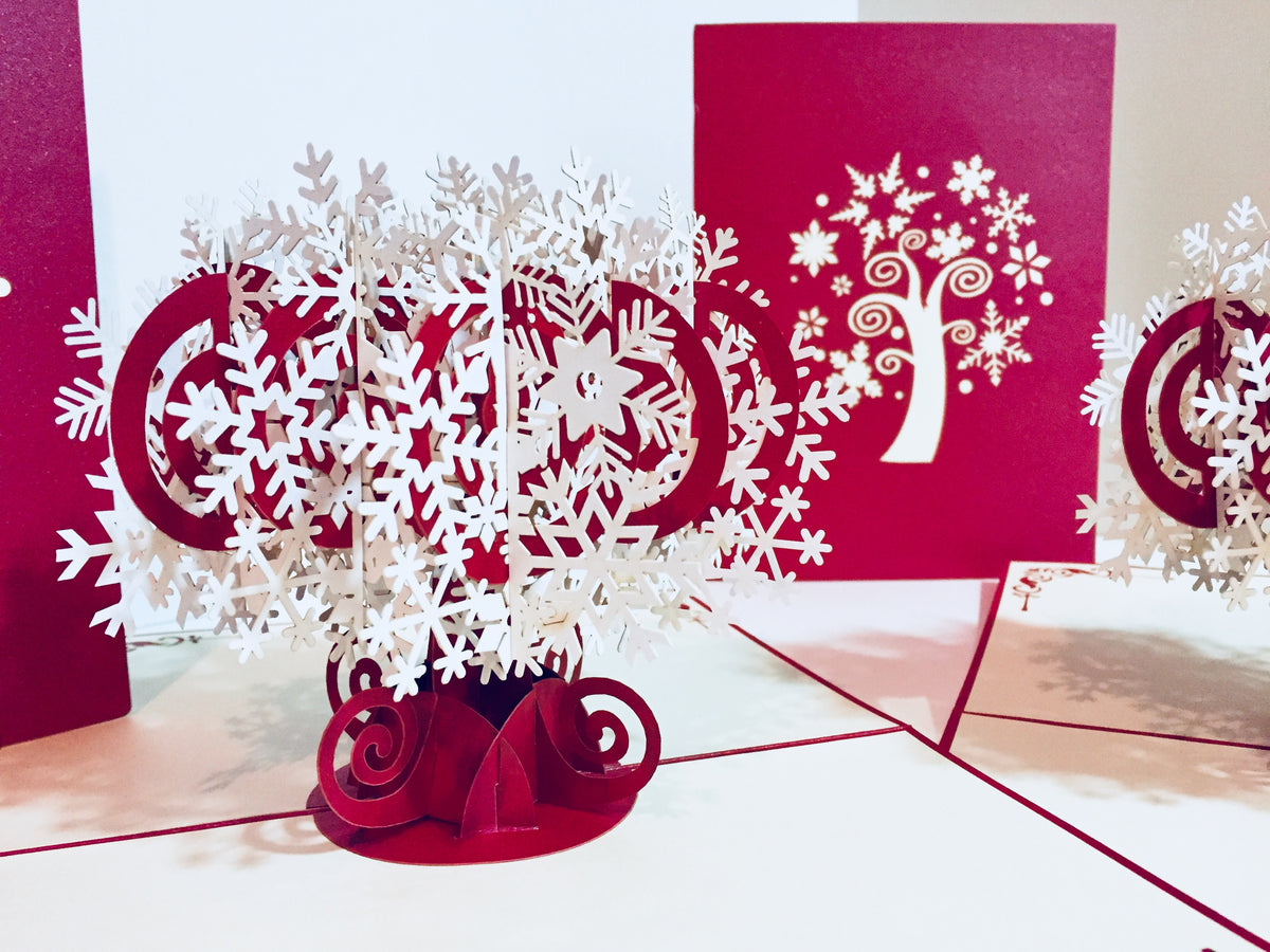 Metallic Stunning Snowflake in White & Dark Red Cherry Origami Pop Cards 3D Pop Up Greeting Card Merry Christmas Thank You Handmade Best Wishes Blank Card Gift Happy Holidays Celebrate the Special Day