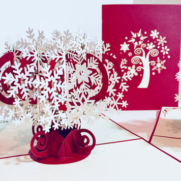 Metallic Stunning Snowflake in White & Dark Red Cherry Origami Pop Cards 3D Pop Up Greeting Card Merry Christmas Thank You Handmade Best Wishes Blank Card Gift Happy Holidays Celebrate the Special Day