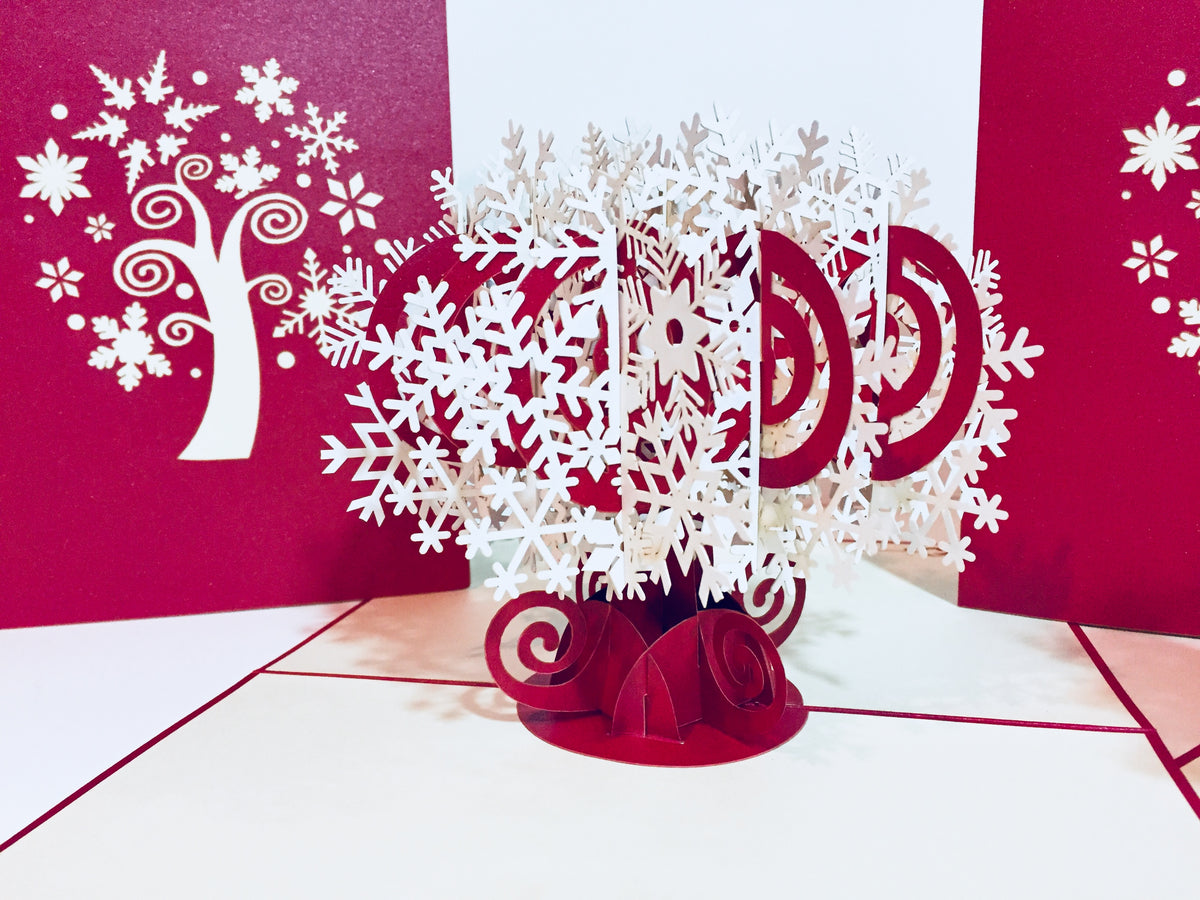 Metallic Stunning Snowflake in White & Dark Red Cherry Origami Pop Cards 3D Pop Up Greeting Card Merry Christmas Thank You Handmade Best Wishes Blank Card Gift Happy Holidays Celebrate the Special Day