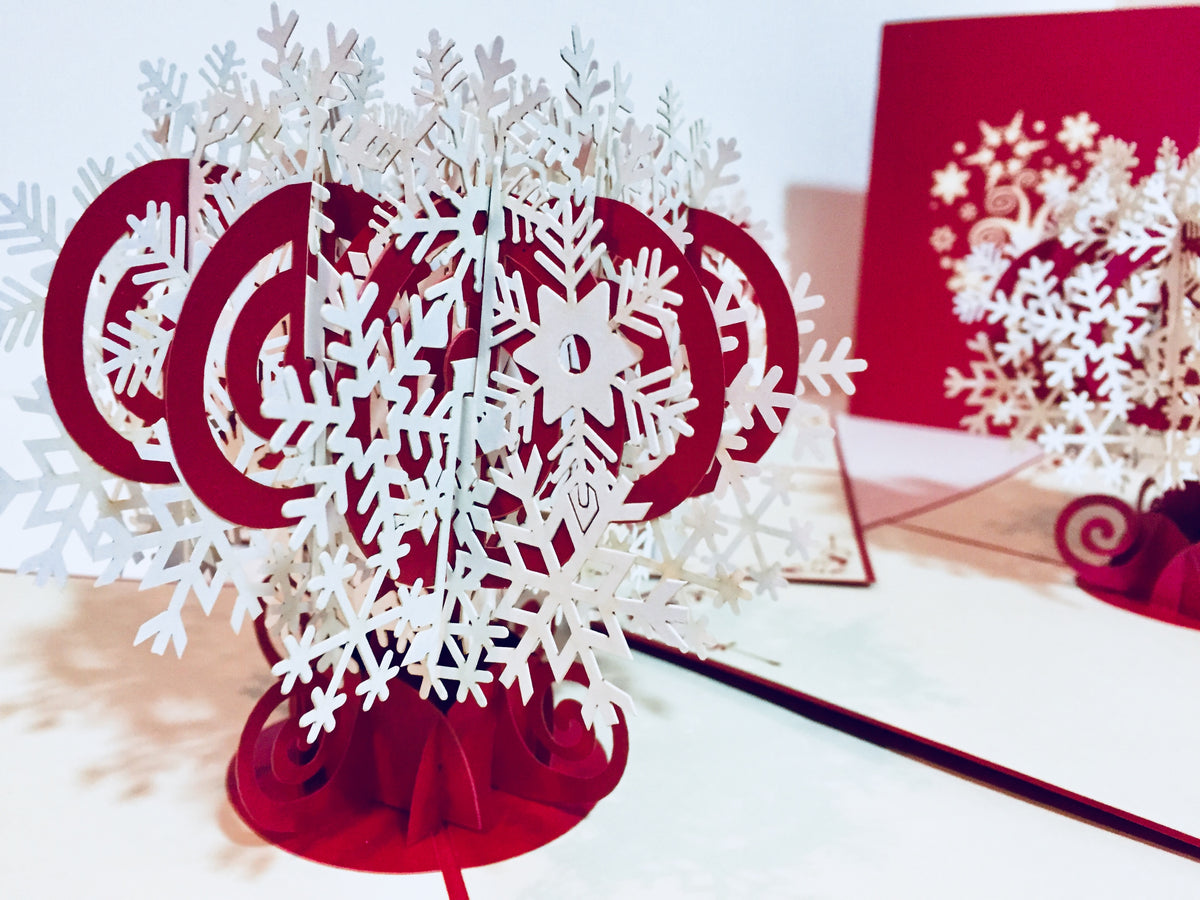 Metallic Stunning Snowflake in White & Dark Red Cherry Origami Pop Cards 3D Pop Up Greeting Card Merry Christmas Thank You Handmade Best Wishes Blank Card Gift Happy Holidays Celebrate the Special Day