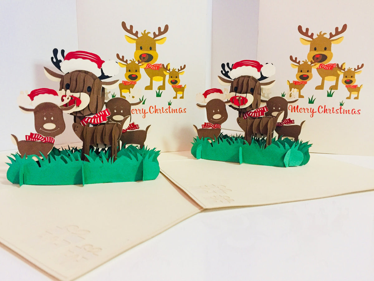 Metallic Super Cute Christmas Reindeer Family Origami Pop Cards 3D Pop Up Greeting Card Merry Christmas Thank You Handmade Best Wishes Blank Card Gift Happy Holidays Celebrate the Special Day