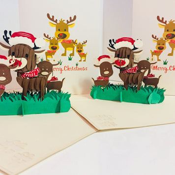 Metallic Super Cute Christmas Reindeer Family Origami Pop Cards 3D Pop Up Greeting Card Merry Christmas Thank You Handmade Best Wishes Blank Card Gift Happy Holidays Celebrate the Special Day