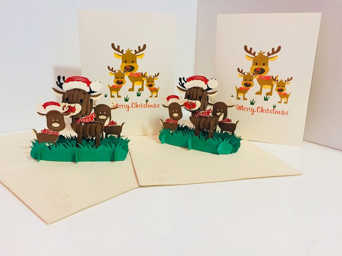 Metallic Super Cute Christmas Reindeer Family Origami Pop Cards 3D Pop Up Greeting Card Merry Christmas Thank You Handmade Best Wishes Blank Card Gift Happy Holidays Celebrate the Special Day