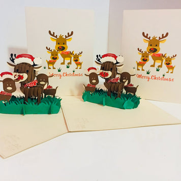 Metallic Super Cute Christmas Reindeer Family Origami Pop Cards 3D Pop Up Greeting Card Merry Christmas Thank You Handmade Best Wishes Blank Card Gift Happy Holidays Celebrate the Special Day
