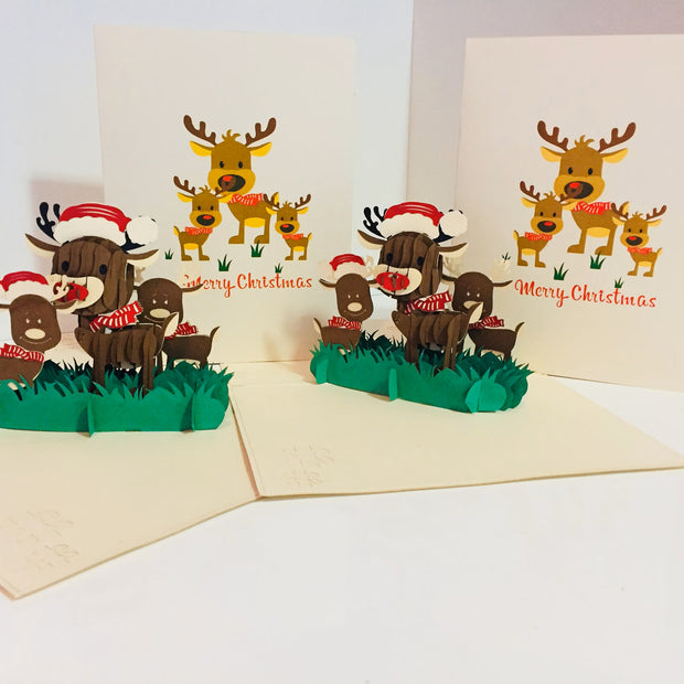Metallic Super Cute Christmas Reindeer Family Origami Pop Cards 3D Pop Up Greeting Card Merry Christmas Thank You Handmade Best Wishes Blank Card Gift Happy Holidays Celebrate the Special Day