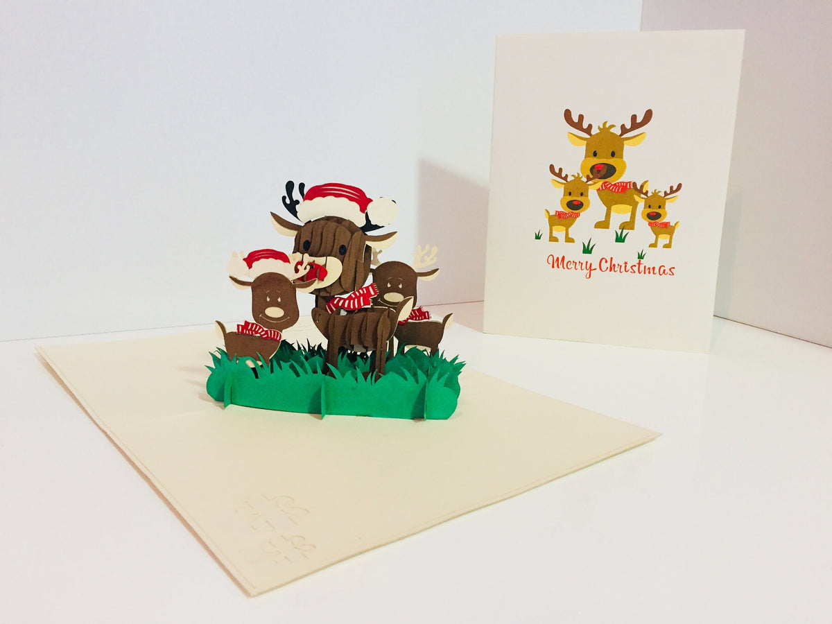Metallic Super Cute Christmas Reindeer Family Origami Pop Cards 3D Pop Up Greeting Card Merry Christmas Thank You Handmade Best Wishes Blank Card Gift Happy Holidays Celebrate the Special Day