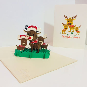 Metallic Super Cute Christmas Reindeer Family Origami Pop Cards 3D Pop Up Greeting Card Merry Christmas Thank You Handmade Best Wishes Blank Card Gift Happy Holidays Celebrate the Special Day