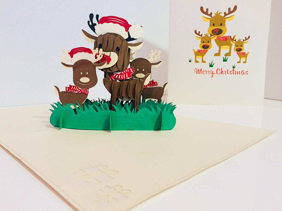 Metallic Super Cute Christmas Reindeer Family Origami Pop Cards 3D Pop Up Greeting Card Merry Christmas Thank You Handmade Best Wishes Blank Card Gift Happy Holidays Celebrate the Special Day