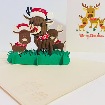 Metallic Super Cute Christmas Reindeer Family Origami Pop Cards 3D Pop Up Greeting Card Merry Christmas Thank You Handmade Best Wishes Blank Card Gift Happy Holidays Celebrate the Special Day