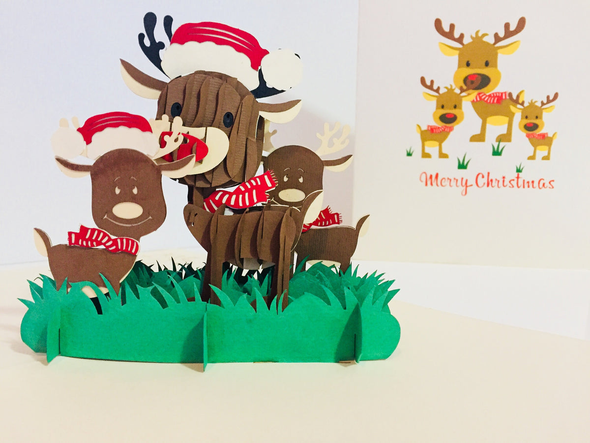 Metallic Super Cute Christmas Reindeer Family Origami Pop Cards 3D Pop Up Greeting Card Merry Christmas Thank You Handmade Best Wishes Blank Card Gift Happy Holidays Celebrate the Special Day