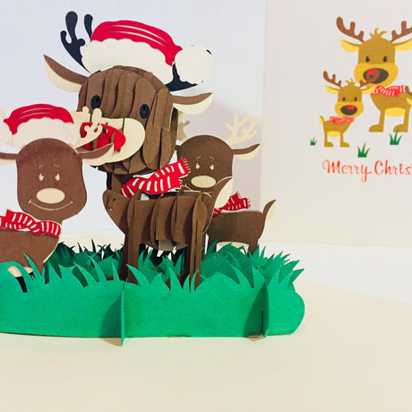 Metallic Super Cute Christmas Reindeer Family Origami Pop Cards 3D Pop Up Greeting Card Merry Christmas Thank You Handmade Best Wishes Blank Card Gift Happy Holidays Celebrate the Special Day