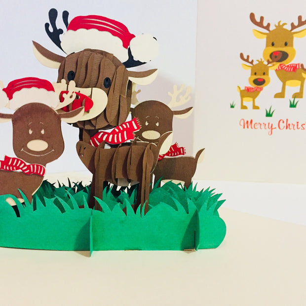 Metallic Super Cute Christmas Reindeer Family Origami Pop Cards 3D Pop Up Greeting Card Merry Christmas Thank You Handmade Best Wishes Blank Card Gift Happy Holidays Celebrate the Special Day