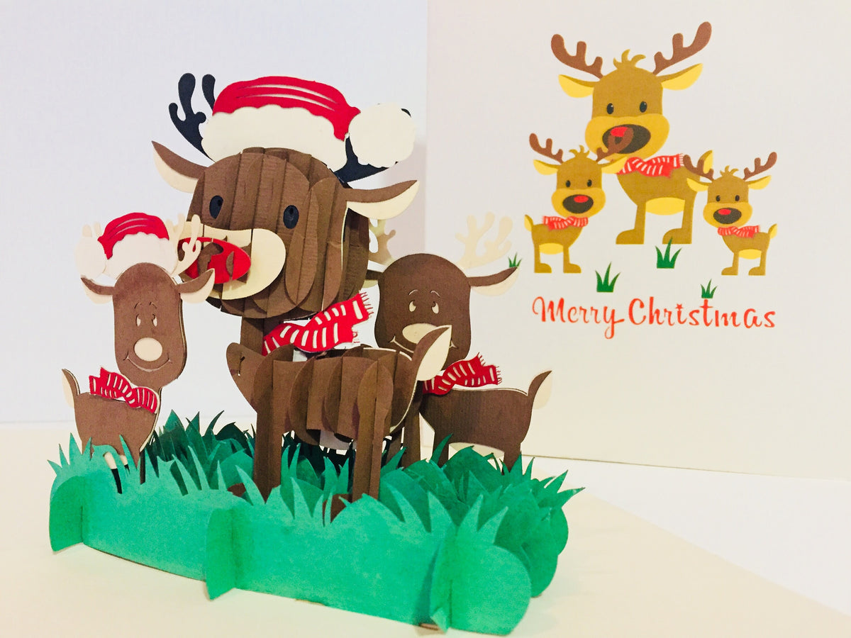 Metallic Super Cute Christmas Reindeer Family Origami Pop Cards 3D Pop Up Greeting Card Merry Christmas Thank You Handmade Best Wishes Blank Card Gift Happy Holidays Celebrate the Special Day