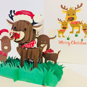 Metallic Super Cute Christmas Reindeer Family Origami Pop Cards 3D Pop Up Greeting Card Merry Christmas Thank You Handmade Best Wishes Blank Card Gift Happy Holidays Celebrate the Special Day