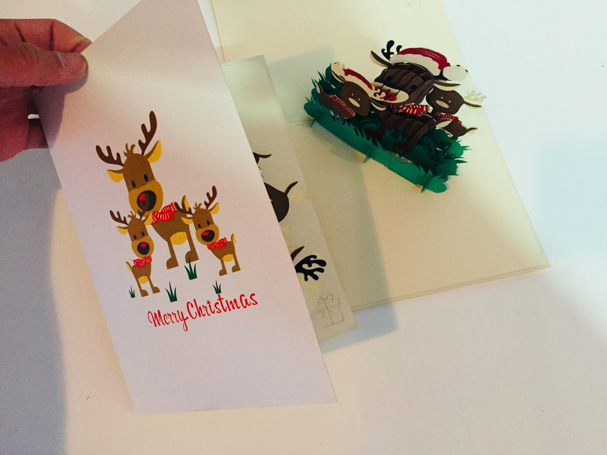 Metallic Super Cute Christmas Reindeer Family Origami Pop Cards 3D Pop Up Greeting Card Merry Christmas Thank You Handmade Best Wishes Blank Card Gift Happy Holidays Celebrate the Special Day