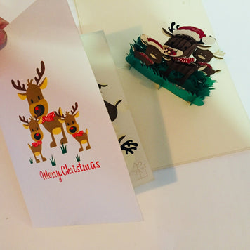 Metallic Super Cute Christmas Reindeer Family Origami Pop Cards 3D Pop Up Greeting Card Merry Christmas Thank You Handmade Best Wishes Blank Card Gift Happy Holidays Celebrate the Special Day