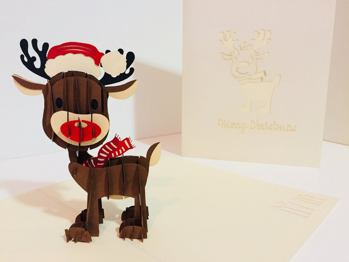 Metallic Super Cute Christmas Reindeer Origami Pop Cards 3D Pop Up Greeting Card Merry Christmas Thank You Handmade Best Wishes Blank Card Gift Happy Holidays Celebrate the Special Day