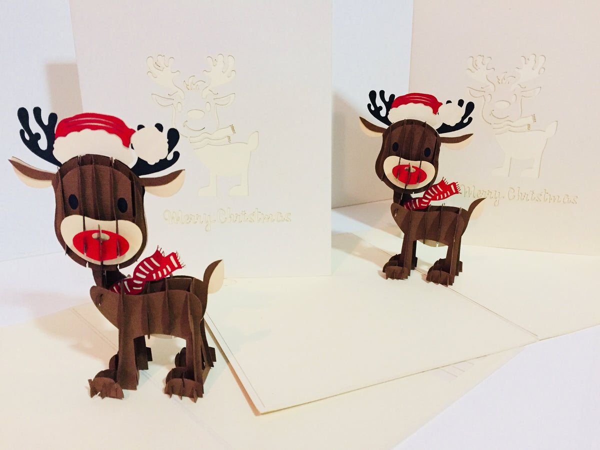 Metallic Super Cute Christmas Reindeer Origami Pop Cards 3D Pop Up Greeting Card Merry Christmas Thank You Handmade Best Wishes Blank Card Gift Happy Holidays Celebrate the Special Day