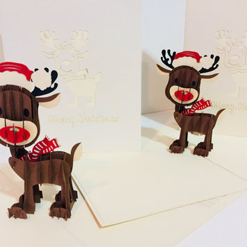 Metallic Super Cute Christmas Reindeer Origami Pop Cards 3D Pop Up Greeting Card Merry Christmas Thank You Handmade Best Wishes Blank Card Gift Happy Holidays Celebrate the Special Day