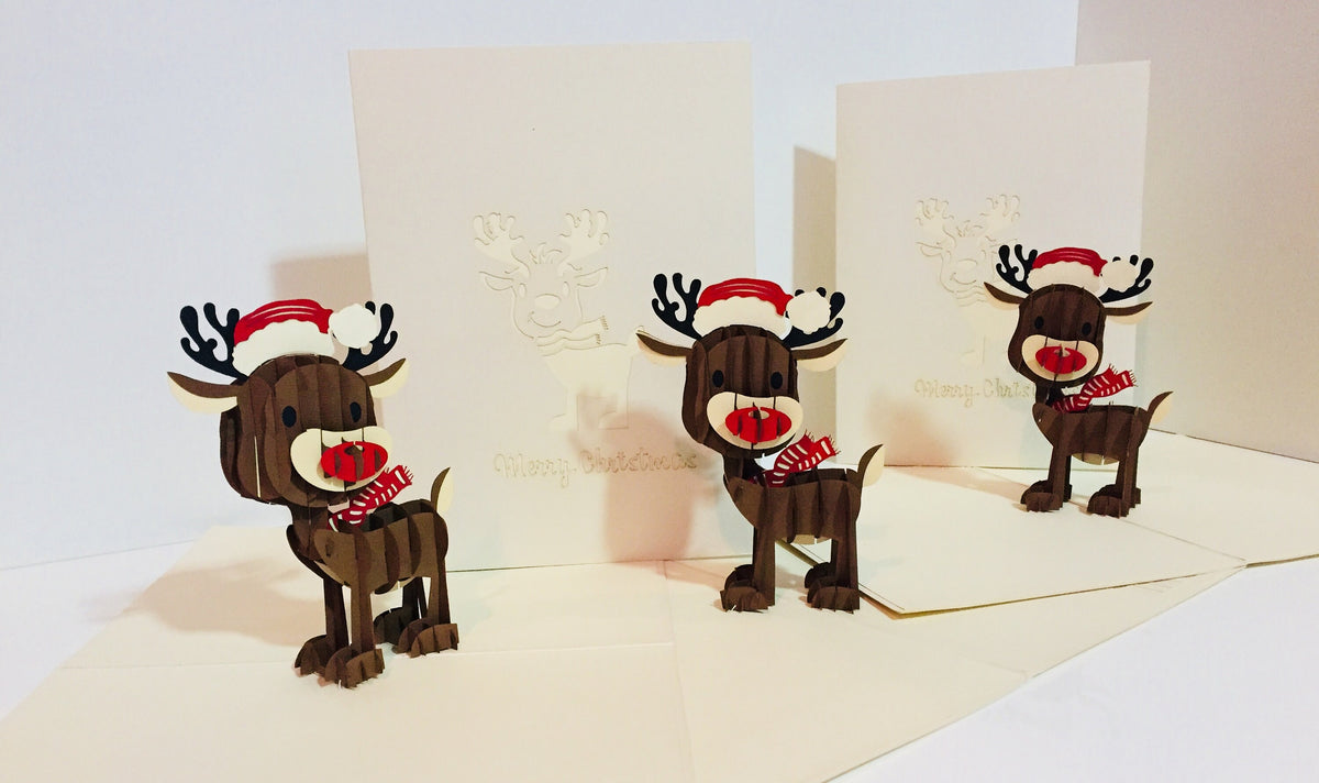 Metallic Super Cute Christmas Reindeer Origami Pop Cards 3D Pop Up Greeting Card Merry Christmas Thank You Handmade Best Wishes Blank Card Gift Happy Holidays Celebrate the Special Day