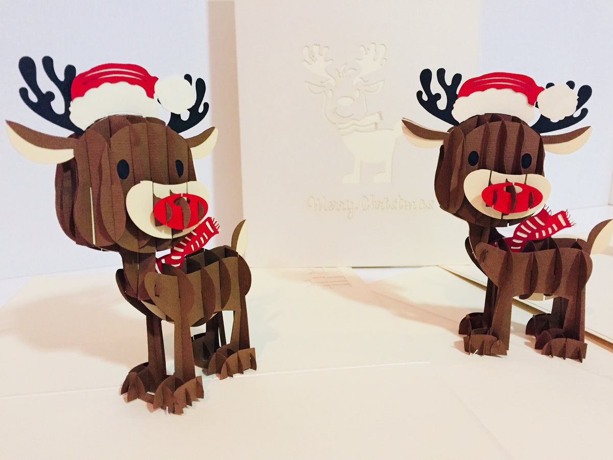Metallic Super Cute Christmas Reindeer Origami Pop Cards 3D Pop Up Greeting Card Merry Christmas Thank You Handmade Best Wishes Blank Card Gift Happy Holidays Celebrate the Special Day