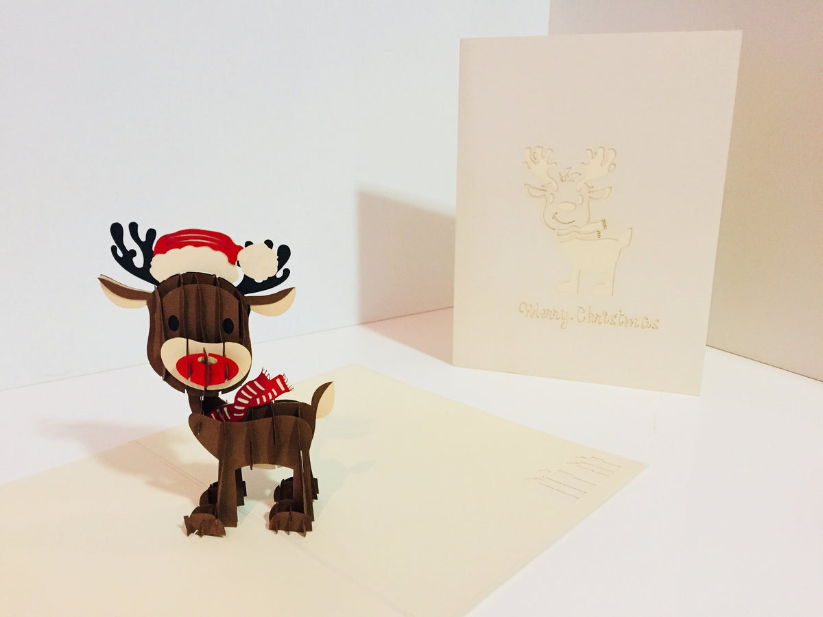 Metallic Super Cute Christmas Reindeer Origami Pop Cards 3D Pop Up Greeting Card Merry Christmas Thank You Handmade Best Wishes Blank Card Gift Happy Holidays Celebrate the Special Day
