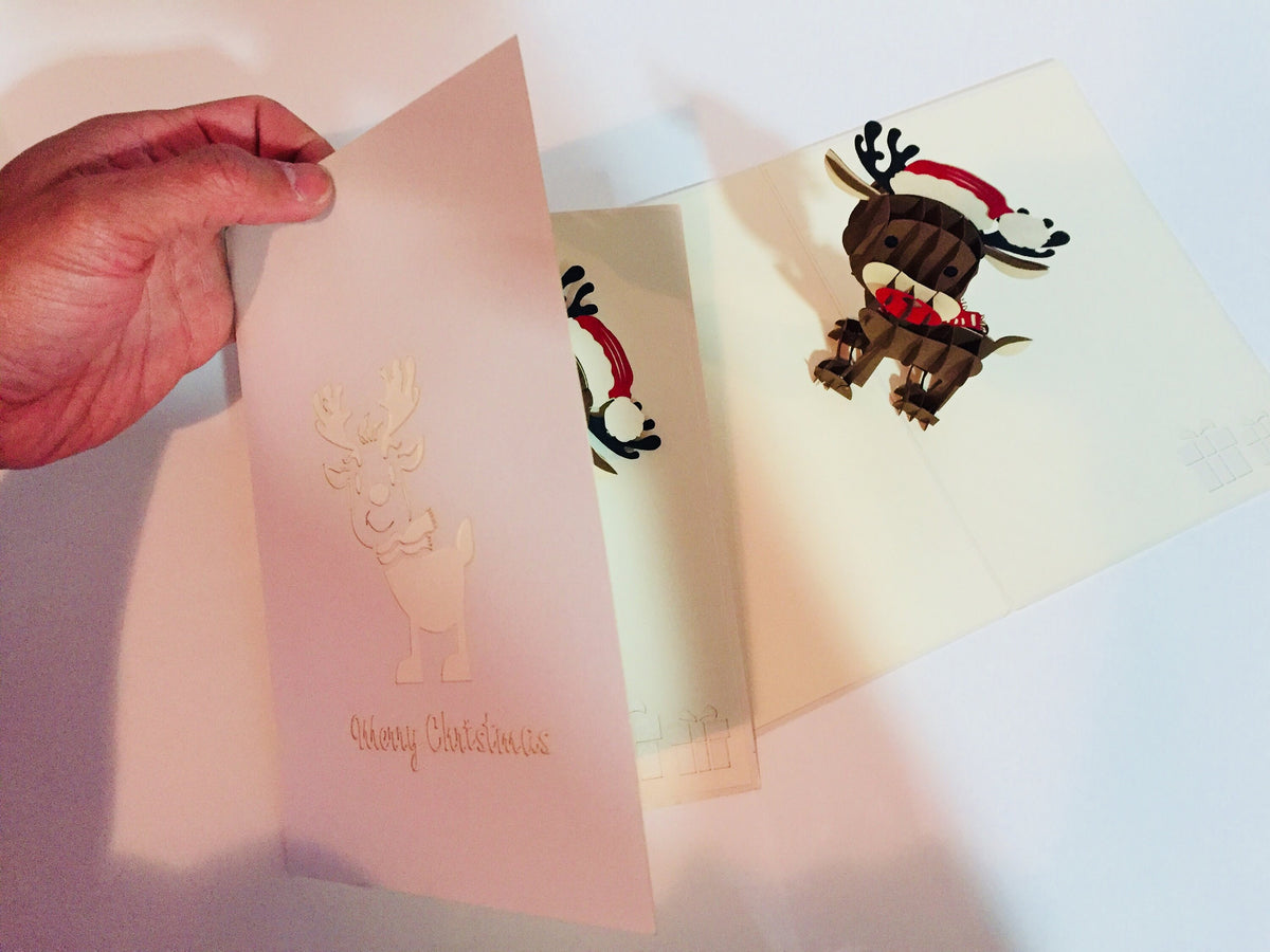 Metallic Super Cute Christmas Reindeer Origami Pop Cards 3D Pop Up Greeting Card Merry Christmas Thank You Handmade Best Wishes Blank Card Gift Happy Holidays Celebrate the Special Day